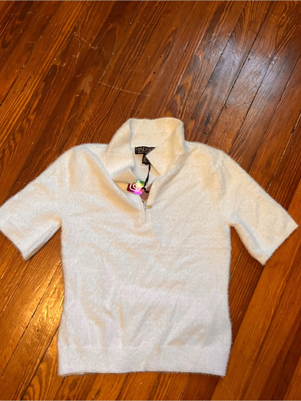 Madison White Fuzzy Short Sleeve Zip Polo